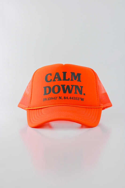 PRE ORDER - CALM DOWN HAT: ORANGE NET, ORANGE PANEL, BLACK INK