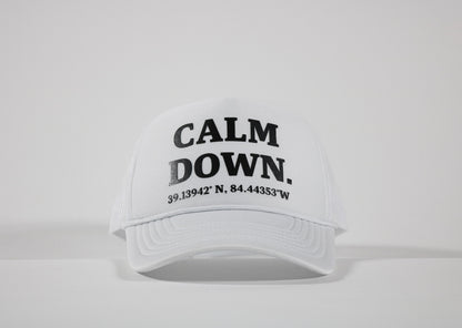 CALM DOWN HAT: WHITE, WHITE PANEL