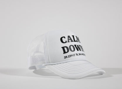 CALM DOWN HAT: WHITE, WHITE PANEL