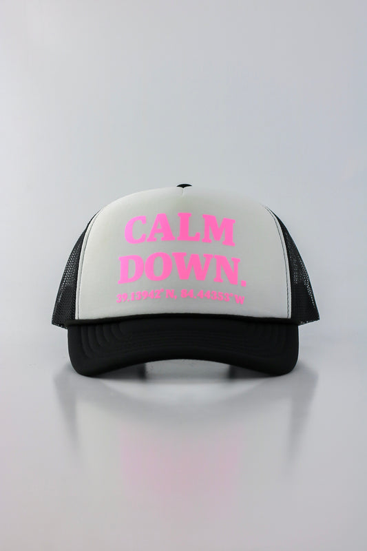 PRE ORDER - CALM DOWN HAT: BLACK NET, WHITE PANEL, PINK INK