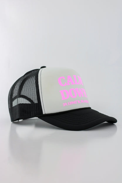PRE ORDER - CALM DOWN HAT: BLACK NET, WHITE PANEL, PINK INK