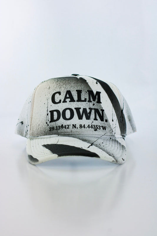 CALM DOWN HAT: 1 OF 1 WHITE NET, WHITE PANEL, BLACK INK
