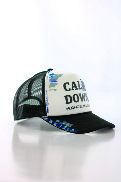CALM DOWN HAT:  1 OF 1 BLACK NET, WHITE PANEL, BLACK INK